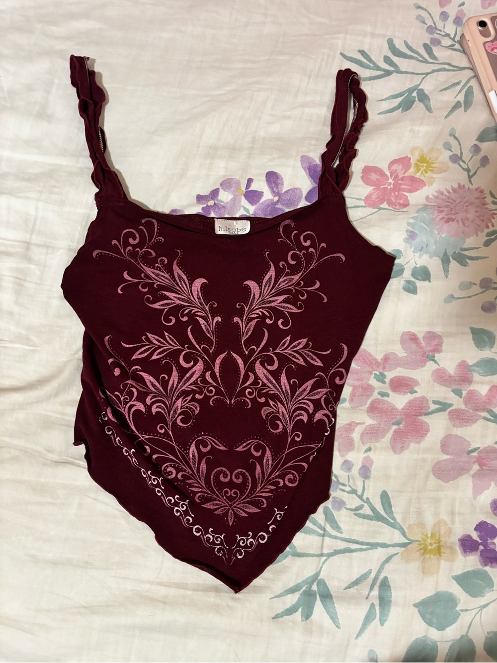 Misope USA Burgundy Scalloped-Strap Camisole with Pink Floral Scroll - Size L